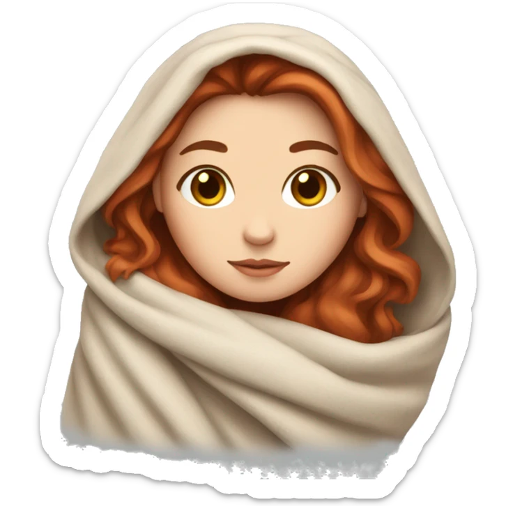 A white girl with brown hair wrapped in a blanket with a red cat sticker
