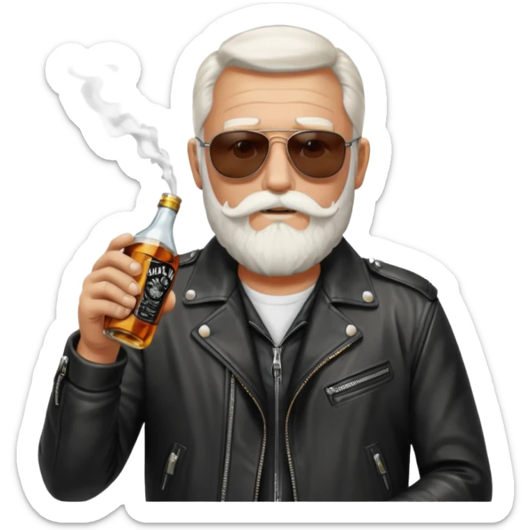 Un motero de barba blanca, gafas oscuras chupa de cuero y bebiendo de una botella de Jack Daniel's. sticker