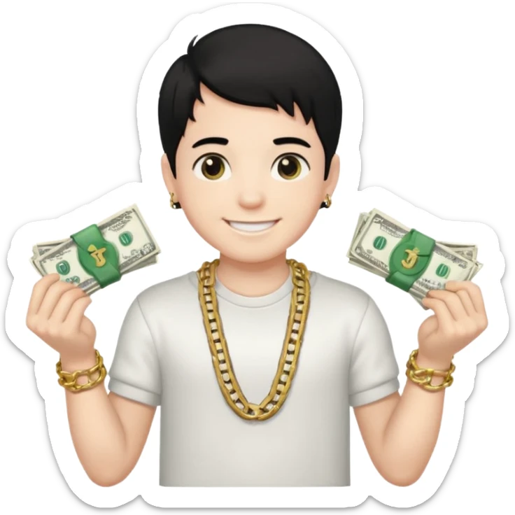 Has un chico con mucha plata en sus manos y en su alrededor, Con una cadena que diga "JovenBallin" y que tenga pelo negro y sea piel blanca sticker