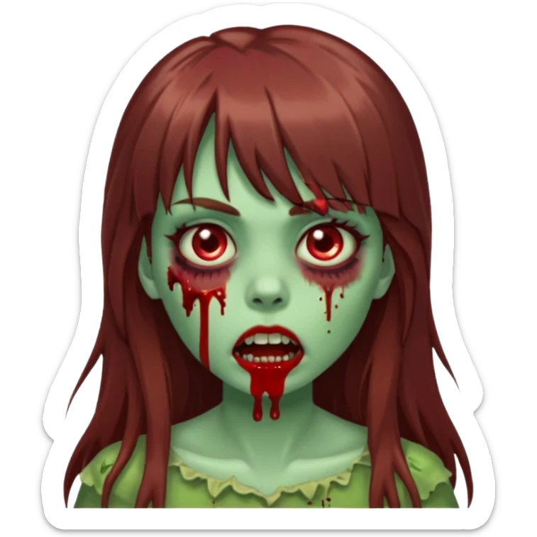 zombie girl, with long brown hair and bangs, green skin and blood in her mouth

 sticker