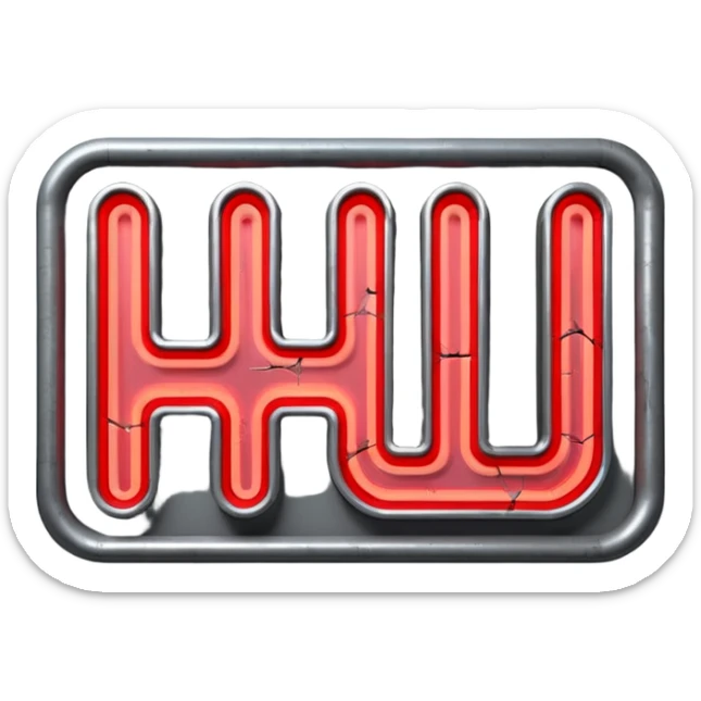 Minimalist emoji-style sticker of a flickering neon sign “HELLWOOD”, cracked letters, some missing, grayscale tubes with only faint glow in faded red

 sticker