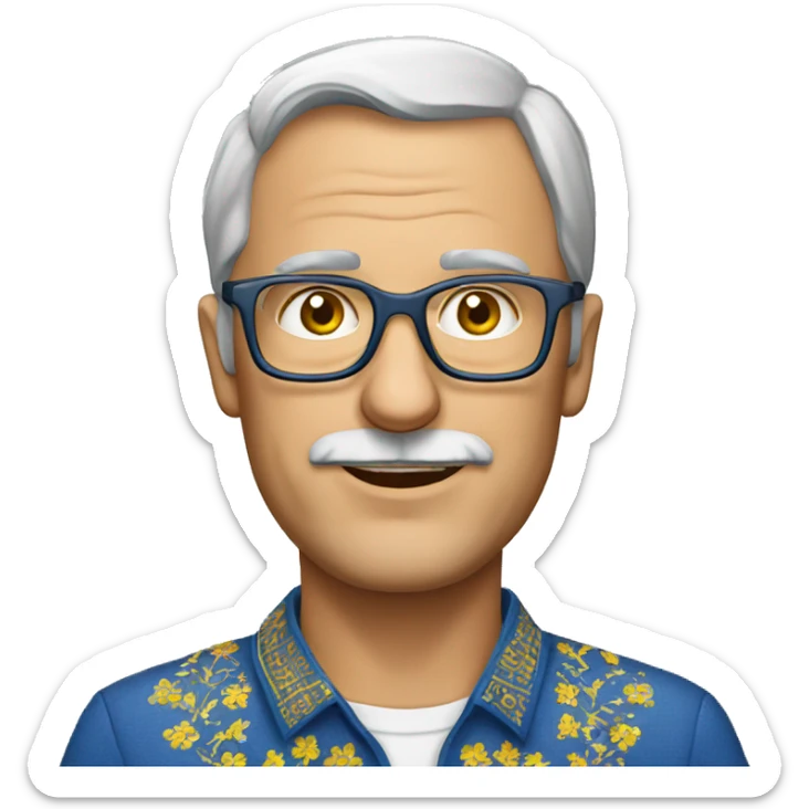 a middle-aged European man wearing a Ukrainian embroidered shirt and glasses sticker