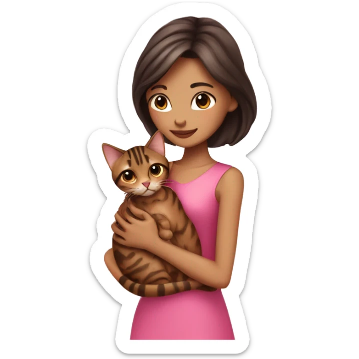 Beautiful skinny woman long dark brown hair in pink dress hug bengal cat sticker