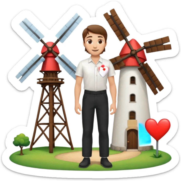 a white man with brown hair and a white shirt and black pants standing next to a windmill with a heart  sticker