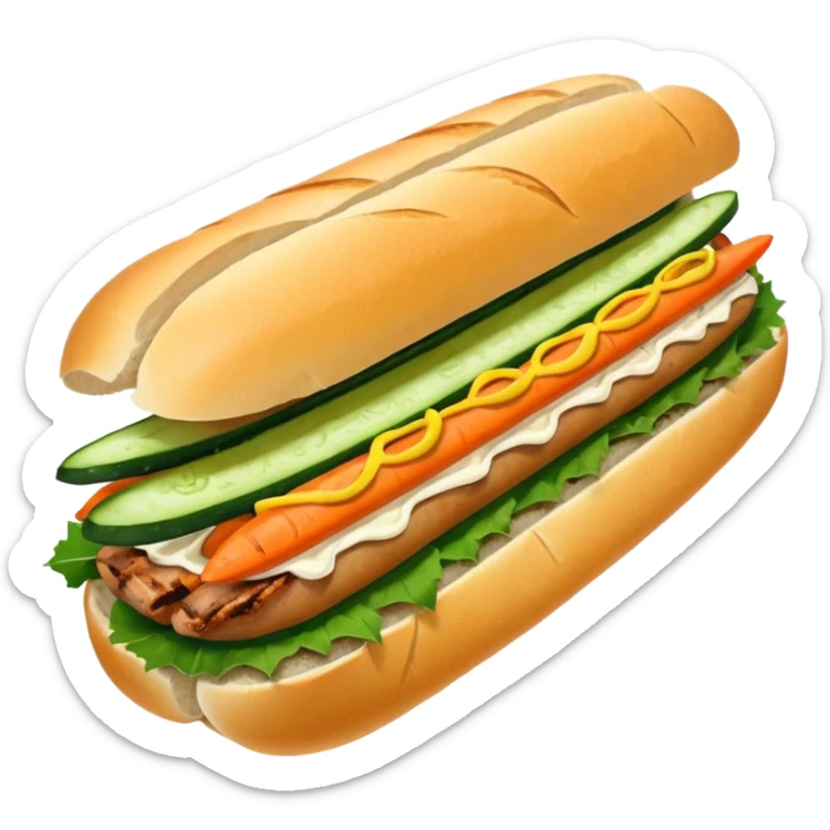 traditional banh mi with char grilled pork emoji 


    Very crusty baguette

    Mayo 

    Pickled carrot 

    Cucumber, coriander/cilantro, green onion, chilli 
 sticker