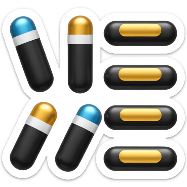 Minimalistic futuristic black medicine pills pack emoji, metallic black and white, reflective sleek surfaces, flat vector design, high-tech clean UI icon sticker