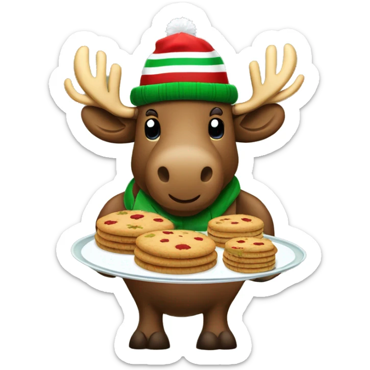 Moose wearing green and red striped winter hat and holding a tray of cookies sticker