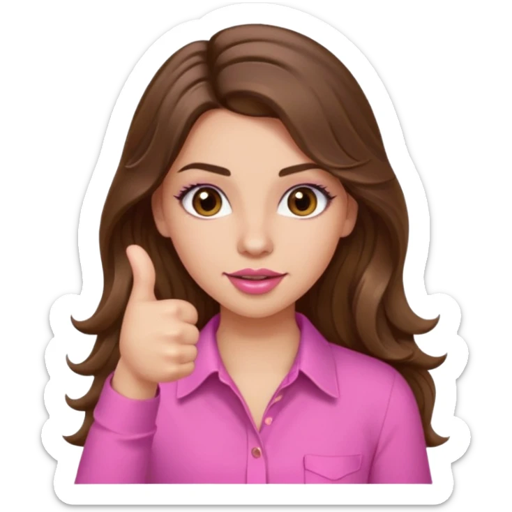 girl with long wavy brown hair, brown eyes, light to medium complexion, in a pink shirt, pink lips, long lashes, puckered lips, thumbs up sticker