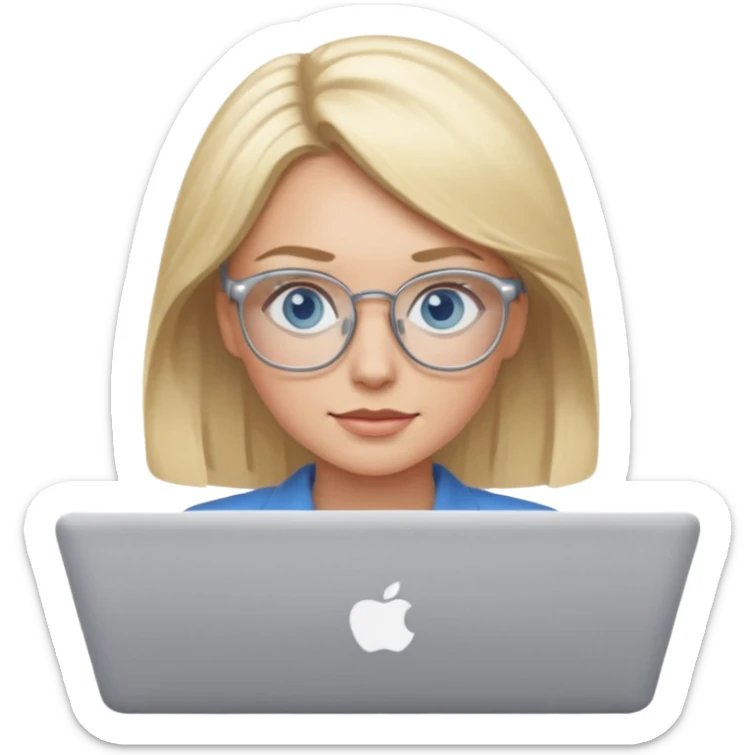 blonde hair woman blue eyes on mac lap top with glasses sticker