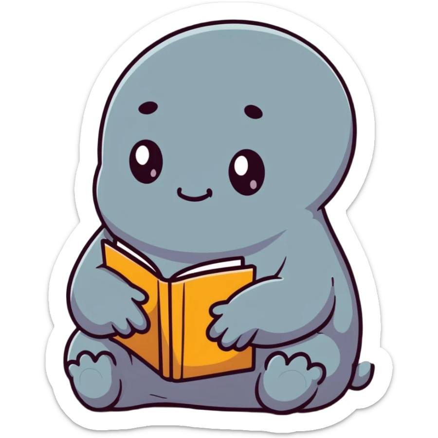 Zhdun (The One Who Waits), a cute gray blob-like creature with wrinkled skin, no neck, tiny hands resting on lap, patiently waiting sticker
