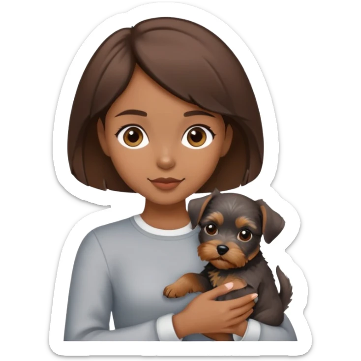 A pretty girl with brown short hair (length just above the shoulders and below the ears) is holding a miniature schnauzer puppy. sticker