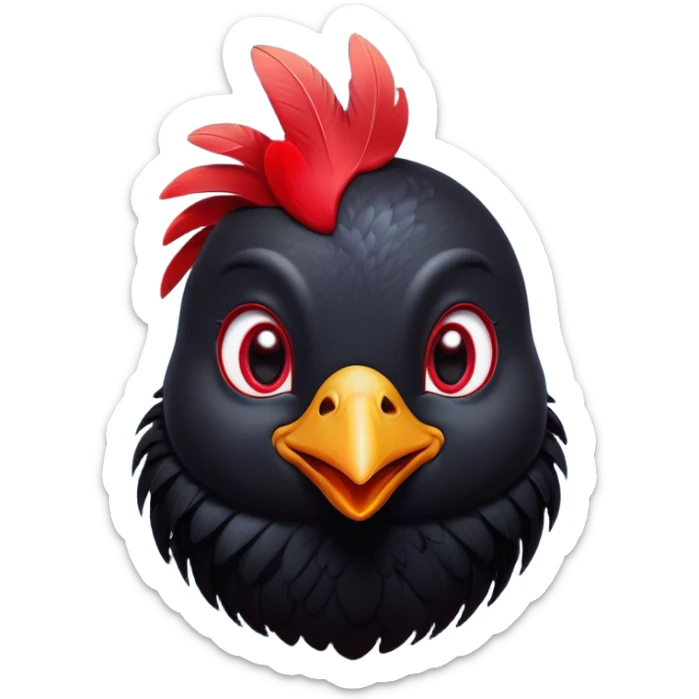Cinematic Cute Black Chicken Portrait Emoji, Head tilted playfully and inquisitively, featuring sleek, lustrous black feathers and a vibrant red comb, round, sparkling beady eyes filled with curiosity, Simplified yet irresistibly adorable features, highly detailed, glowing with a warm, friendly glow, high shine, affectionate and lively, stylized with a touch of whimsical charm, bright and endearing, soft glowing outline, capturing the essence of a mischievous yet loving chicken, so playful it feels like it could peck out of the screen and into your arms! sticker