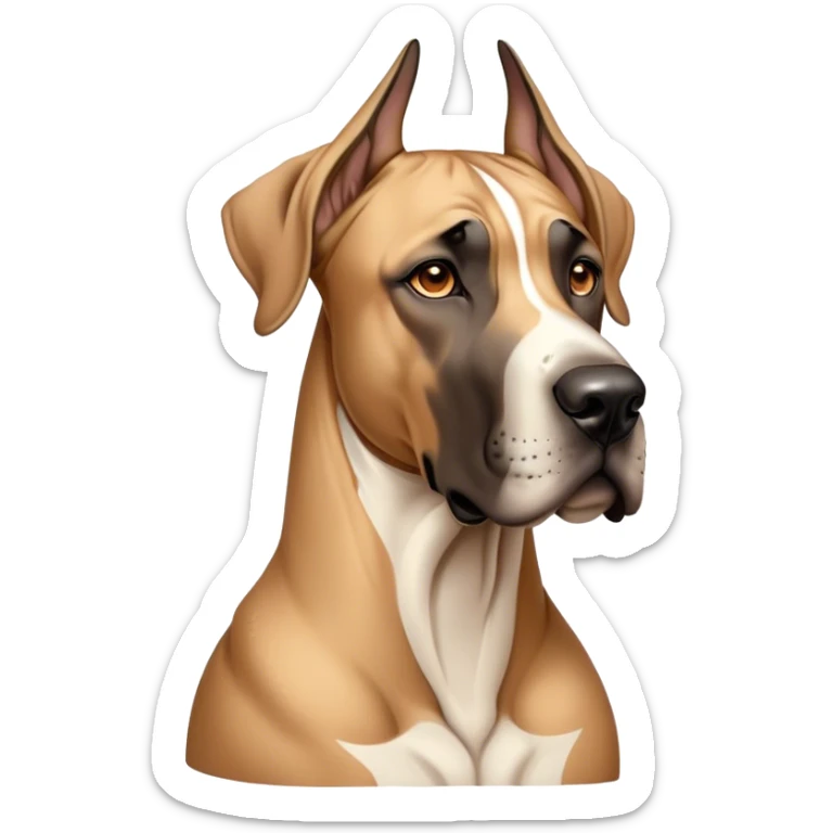 Cinematic Noble Fawn Great Dane Portrait Emoji, Poised and regal, with a towering, muscular build and a sleek, well-groomed solid fawn coat accented by subtle dark markings, deep-set soulful amber eyes, Simplified yet sharp and sophisticated features, highly detailed, glowing with a soft, dignified glow, high shine, intelligent and gentle, stylized with an air of majesty, focused and attentive, soft glowing outline, capturing the essence of a watchful and confident guardian, so majestic it feels as though it could stride out of the screen with effortless authority! sticker
