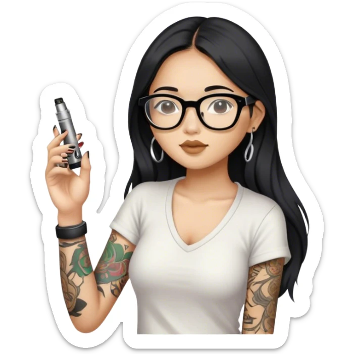 Black hair long hair Asian girl, wearing slippers, glasses, only！ one arm tattooed, smoking an e-cigarette sticker