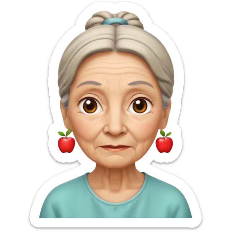 emoji of an elderly woman with wrinkles, hair tied back, serene expression, Apple emoji style sticker