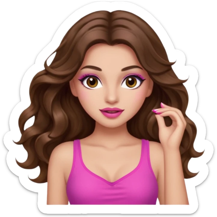 girl with long wavy brown hair, brown eyes, long lashes makeup, sexy pink lips, light to medium complexion, pink sexy top, dancing sticker