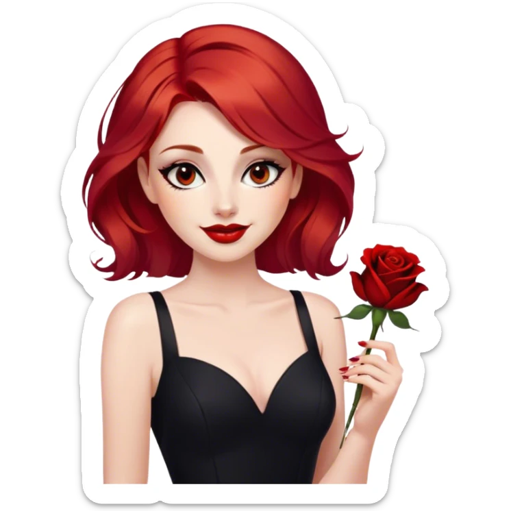 a beautiful woman with red hair and red eyes. The woman wear a black little cutted dress. She have red lipstick and she have a seductive look and smile. She have a rose flower in her hair sticker
