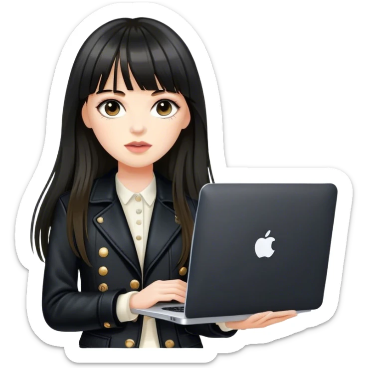 Beautiful white girl, with dark very long hair with bang, wearing black Chanel jacket, holding MacBook  sticker