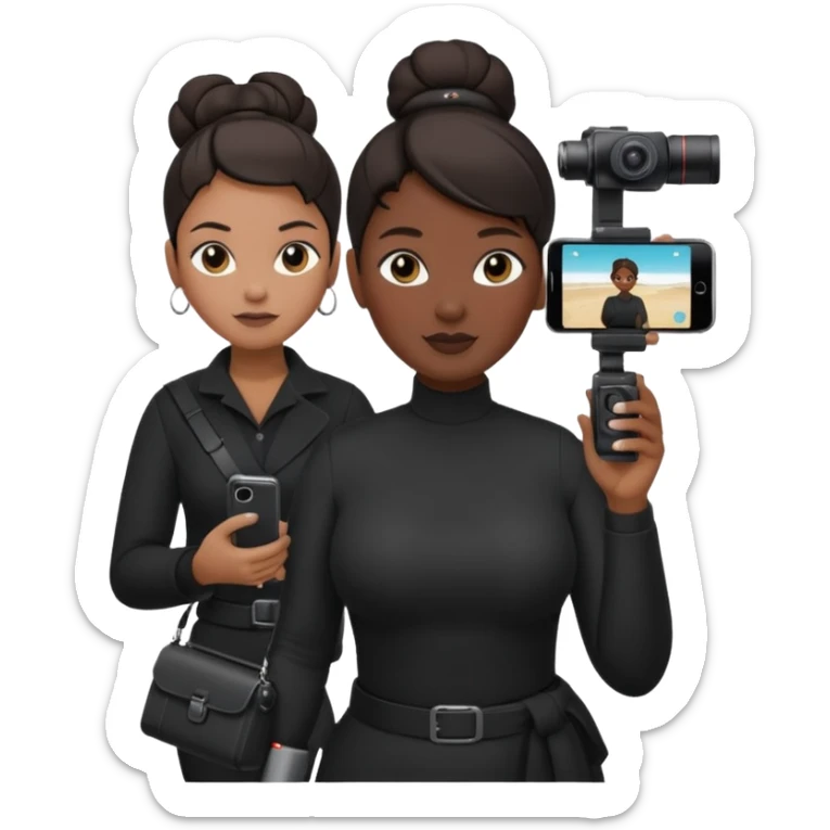 middle aged, plump woman photographer with dark hair, slicked back in a bun, wearing black clothes, carrying a canon r5, and an iPhone on a gimbal sticker