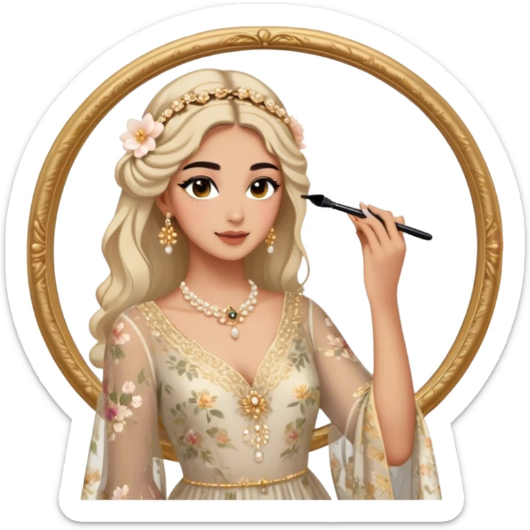  Middle Eastern-inspired moment of a woman getting ready in front of a mirror. She wears a delicate floral dress with sheer, flowy sleeves, accessorized with gold jewelry and traditional pearl-adorned hair clips. Her  as she applies mascara and eyeliner , her reflection revealing a soft smile.  sticker