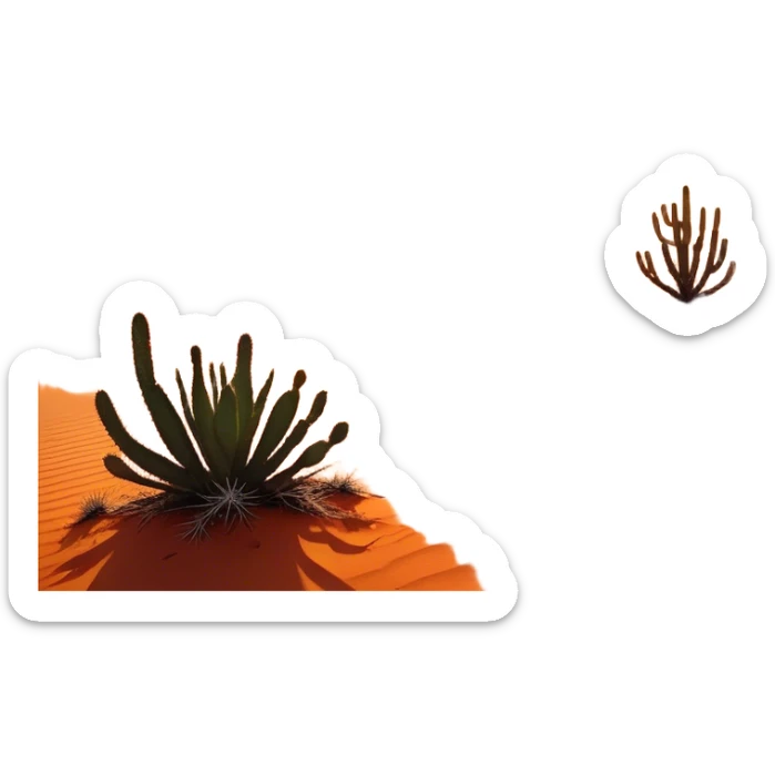 Cinematic Realistic Desert Emoji, Expansive and arid, with vast stretches of golden sand dunes and scattered cacti, the sun casting a warm, almost orange glow over the dry, cracked earth. The horizon blurs into a heat shimmer, while the occasional desert flower adds a splash of color to the barren landscape. Soft glowing outline, capturing the essence of the harsh yet stunning beauty of the desert, calm and quiet, filled with silence and mystery. sticker