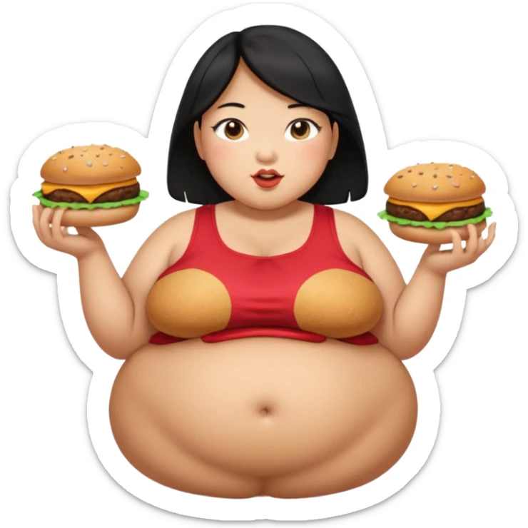 create a humongous asian girl with black hair, with 2 burgers and a cookie in her mouth, she is super obese, please make her a full body emoji, mega huge tummy   sticker