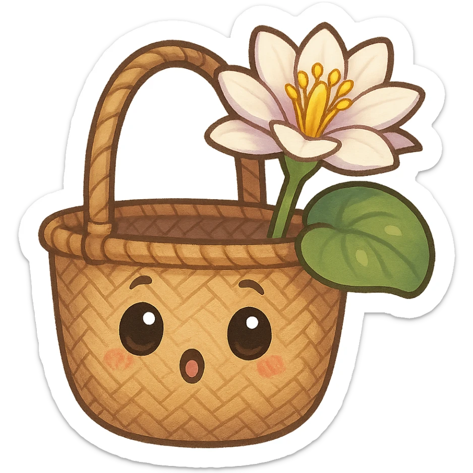 mascota para proyecto productivo, bolso artesanal con lirio de agua brotando de su interior, expresión curiosa y divertida, detalles de tejido y pétalos sticker