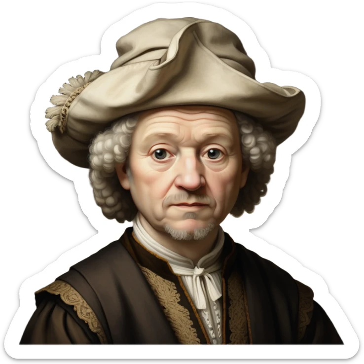 cinematic-portrait-of-rembrandt,-shown-as-a-master-artist-with-deep,-introspective-eyes-and-richly-detailed-period-clothing,-rendered-with-dramatic-chiaroscuro-lighting-that-emphasizes-his-legacy sticker