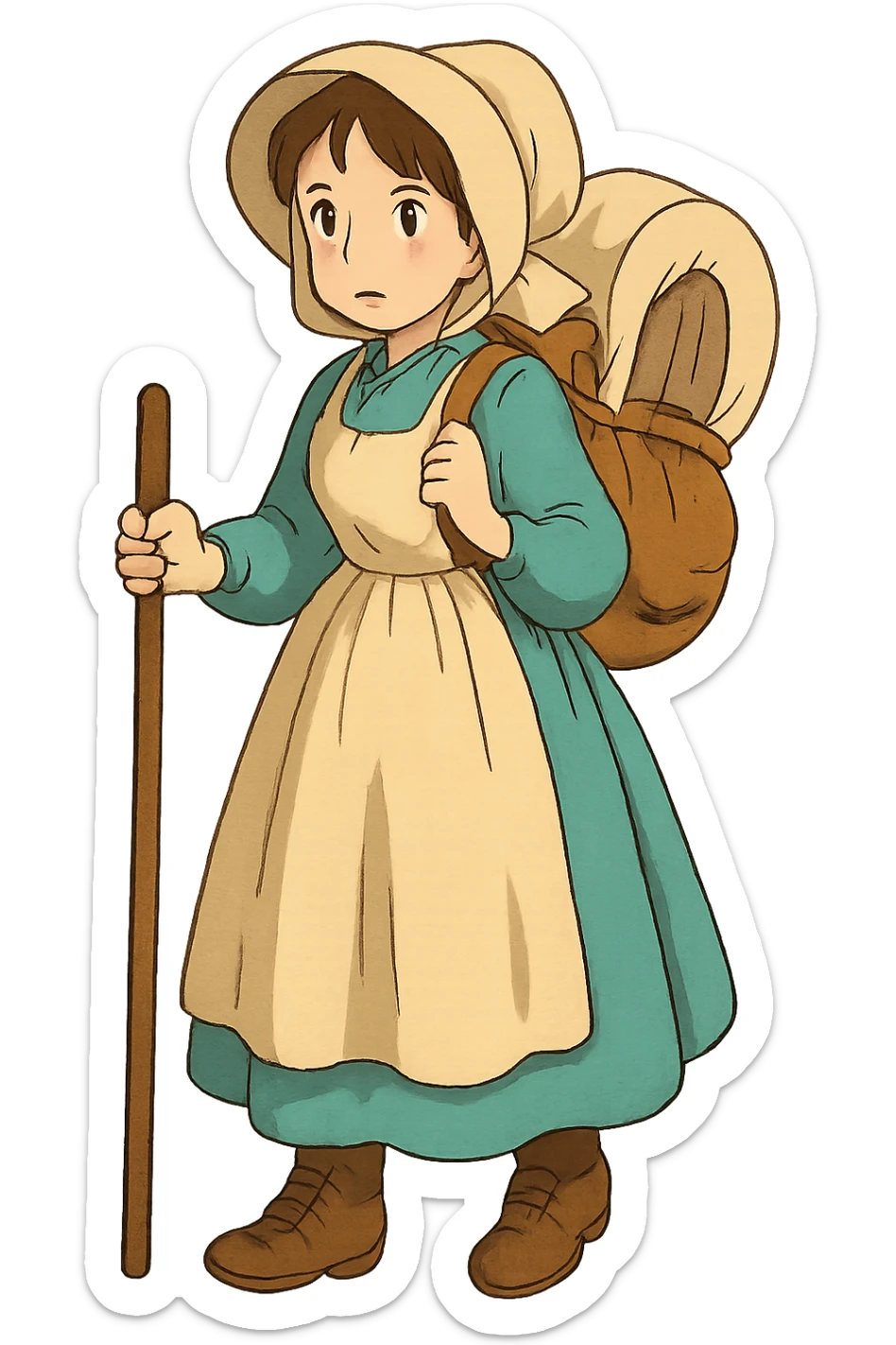 A young pioneer woman from the 1840s about to head off on the Oregon trail sticker