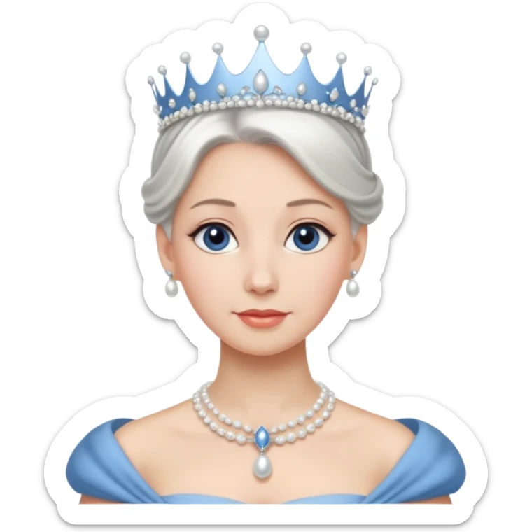 Queen with white bun hair – silver tiara, pearl necklace, elegant gown, blue dress sticker