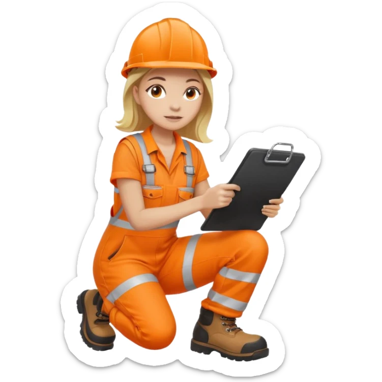 woman in orange hi vis overalls and boots holding a clipboard, crouching sticker