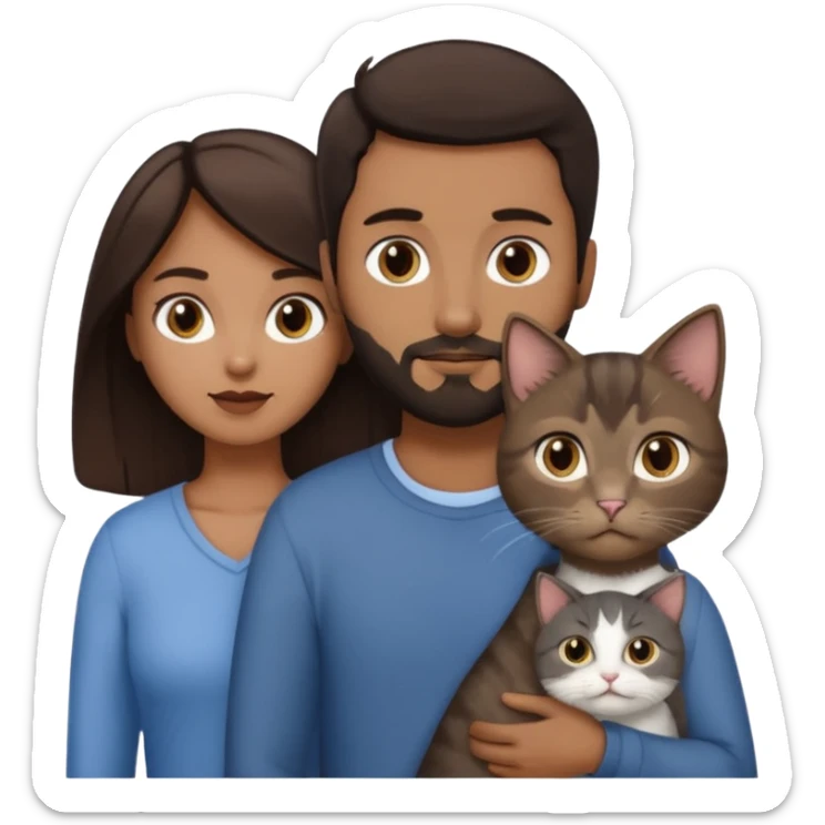 Make a couple and a cat emoji. The first person is a man with dark brown hair and a beard that’s not to long. The other person is a woman with even darker brown hair and is a little brown skinned but not much. The cat is 15weeks so little and grey and white with a little brown on her face and chest sticker