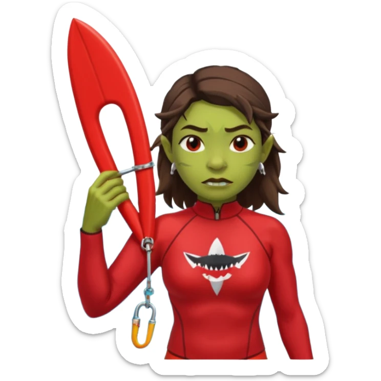 orc female in rescue tube, scanning horizon. Rash guard, shark tooth necklace sticker