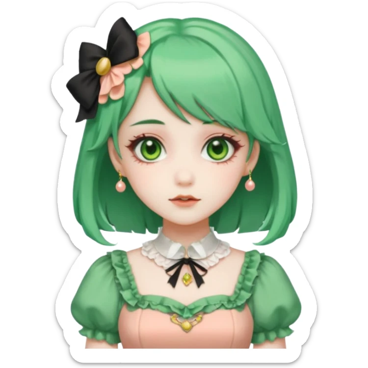 sweet lolita with green hair, gold eyes, white skin, wearing a peach dress sticker