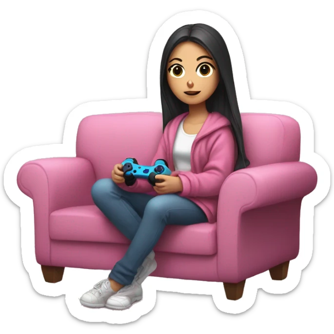 White girl with dark hair wrapped up in a blanket sitting on a couch with a pink gaming controller in her hands sticker
