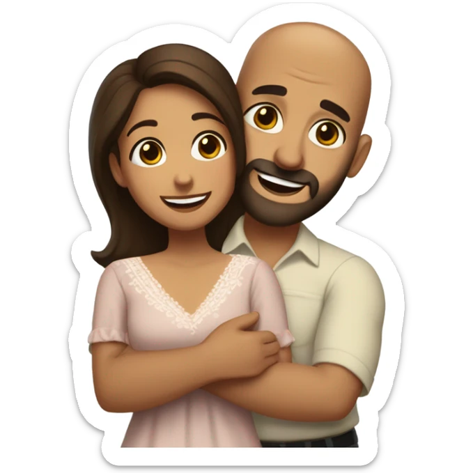 Brown-haired Puerto Rican woman with dark brown eyes wearing a cute blouse giving a comforting hug to a short, bald man with brown eyes, laugh lines, and a beard sticker