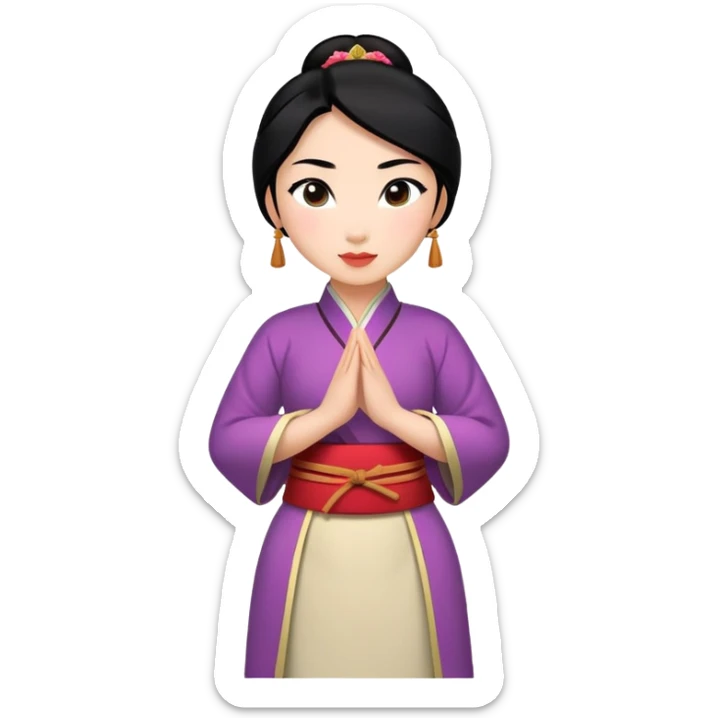 Mulan from hips up, traditional Chinese outfit, black hair, minimal style, larger size sticker