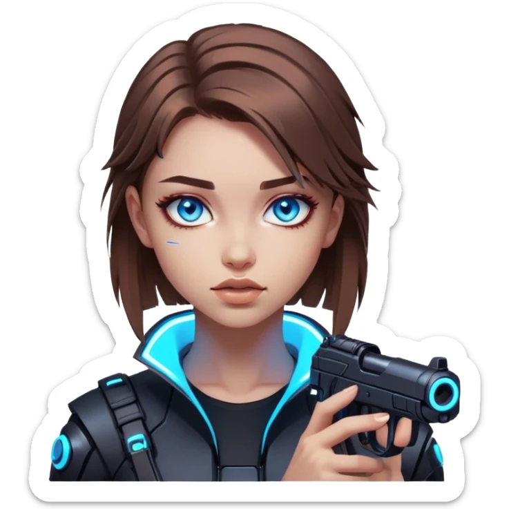 Neon cyberpunk style 
girl with brown hair and blue eyes 
shoots sticker