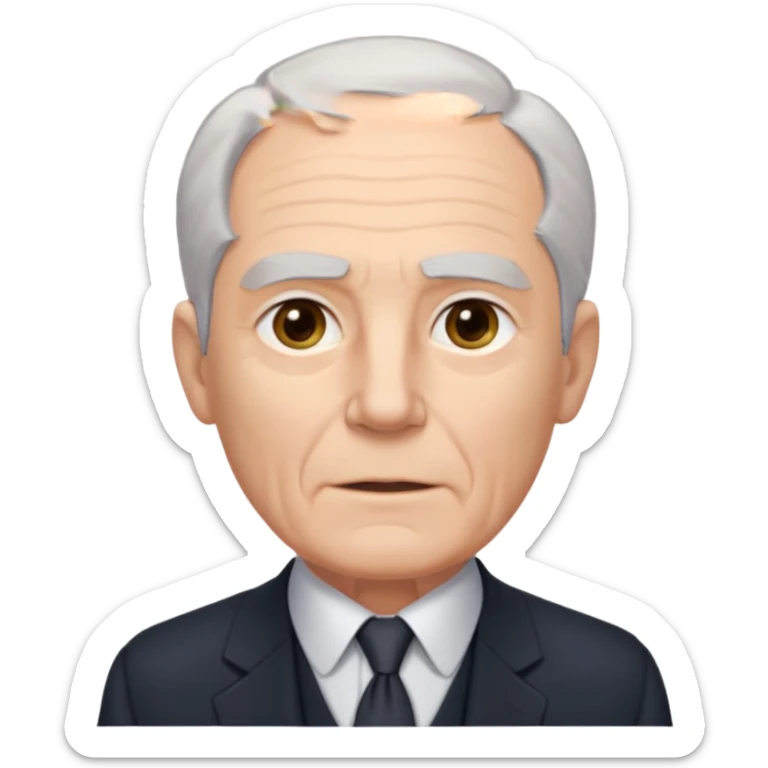 Elderly white man. Pale skin. Gray or white hair neatly combed back. Clean-shaven face with wrinkles around the eyes and mouth. Calm, steady eyes. Wears a collared shirt, tie, vest, and dark suit jacket visible from the chest up. sticker