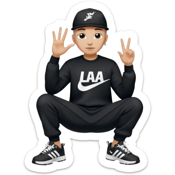 Crea Un Emoji De Cuerpo Completo Que Sea Hombre Con Corte Alucin Que Tenga Gorra Nike, Suéter Negro Que Tenga La Letras LA El La Parte Del Corazón, Zapatos Adidas Con Una Palomita✅, Pantalón Ancho O Bellaco Con Unos Diseños De Palomas Blancas Y Asiendo Una Pose Con Su Mano Que Sea Está 🤙🏽. sticker
