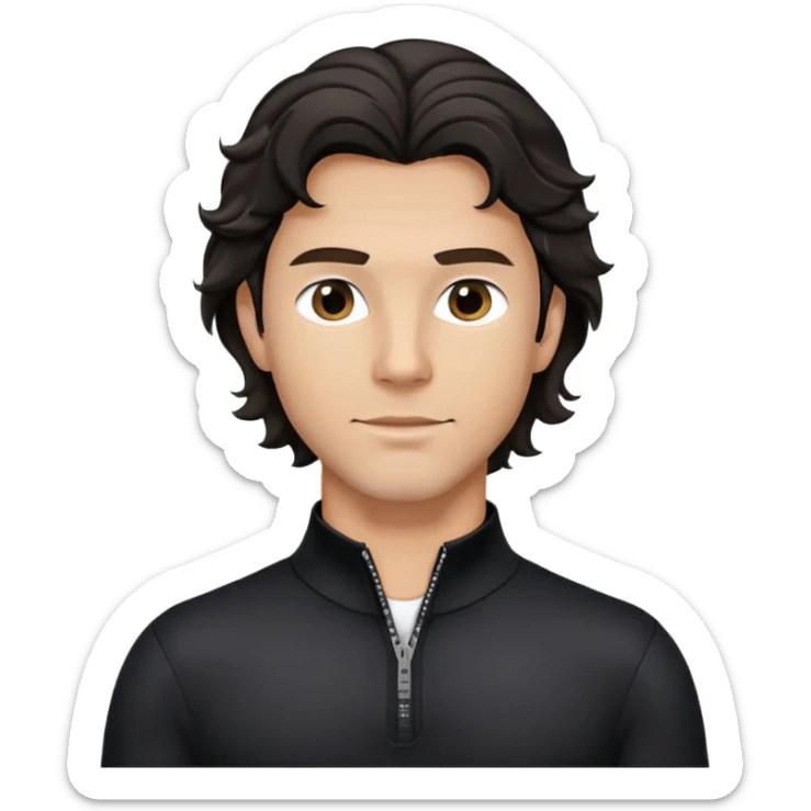 Caucasian man with black wavy hair wearing a long sleeve black spandex shirt with collar and zip to the chest sticker