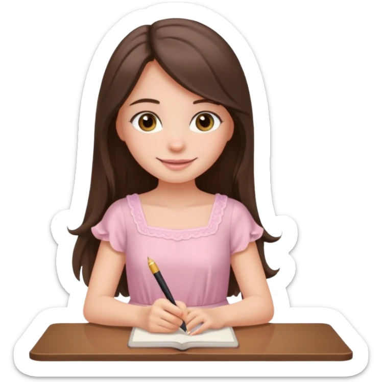 pretty smiling long brunette hair girl with hazel eyes wearing light pink dress writing sticker