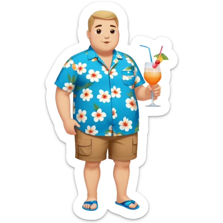 chubby guy full figure in a flowered azure havai shirt, brown shorts and flippers holding a cocktail sticker