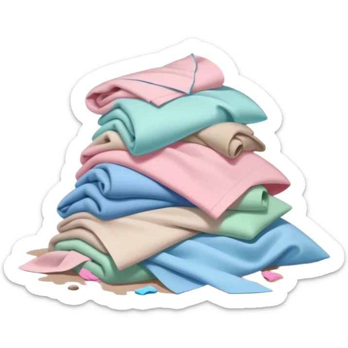 Dirty pile of laundry with green pastel blue pastel pink pastel and beige colours on the ground  sticker