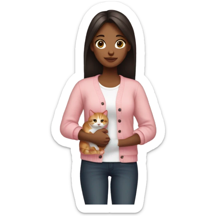 make a emoji of a girl with straight black/dark brown hair and brown eyes , like those ios emojis, and make her wear a pink cardigan with a white crop top , she has to be holding her ginger cat calm sticker