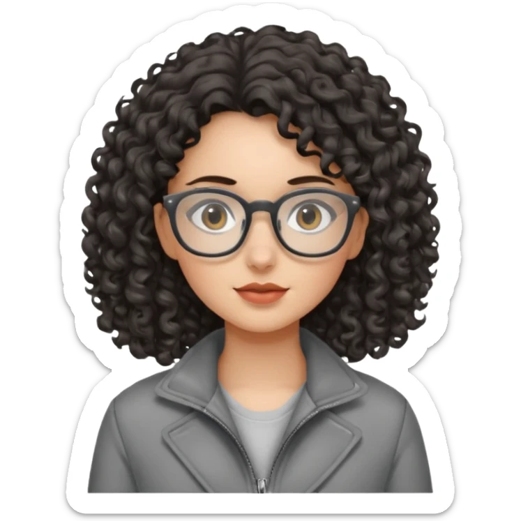 girl with dark curly hair, glasses and a gray jacket sticker