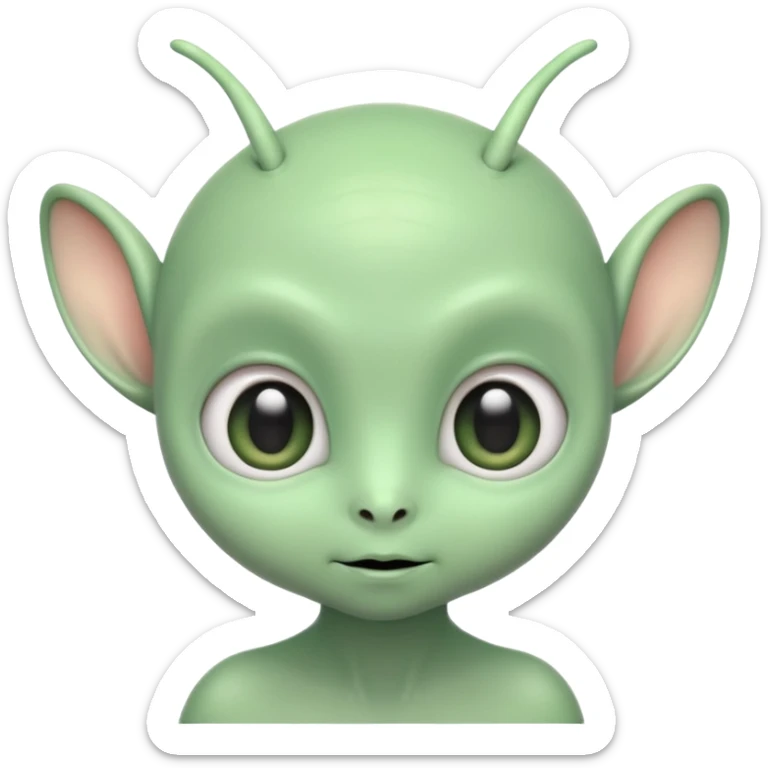 ortrait of a cute alien with round head, big shiny eyes, pastel green skin, small antennae, friendly expression, cartoon style sticker