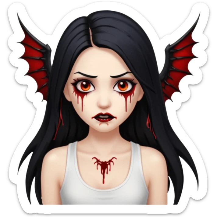 White woman with a white tank top long black hair glossy middle part long hair vamp look with fangs or blood dripping brown eyes eyeliner winged with lashes top and bottom sticker