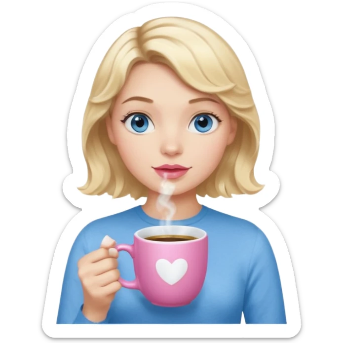 Girl Blonde short wavy hair,  blue eyes, cute blue top, long lashes, pink lips, holding hot white coffee mug sticker