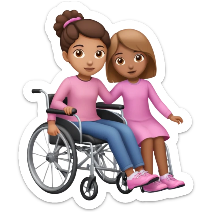 One light brown sister pushing her brown sister in a pink wheelchair sticker